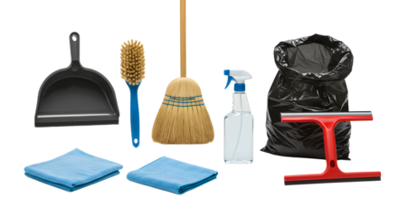 A collection of cleaning tools including a broom, dustpan, spray bottle, and microfiber cloths arranged for household cleaning tasks