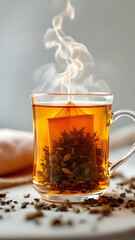 Tea Bag in a Cup. Steeping Moment. Warm Morning Tea. Fragrant Tea Close-up