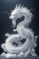 Obraz premium Intricate white dragon sculpture coiling elegantly against a dark background, showcasing artistry