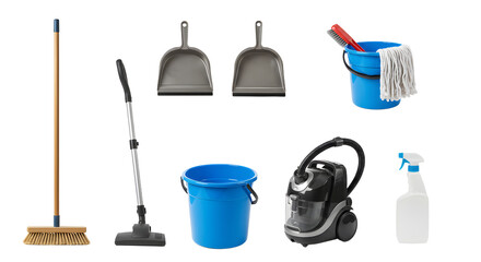 Fototapeta premium A collection of cleaning tools including brooms, dustpans, buckets, and a vacuum cleaner on a white background for home use