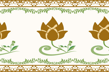 Native ethnic thai geometric pattern samless gold and red on a light gray background. Native thai fabric tiles, temple, wallpaper, carpets.