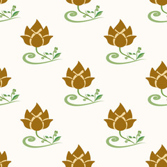 Native ethnic thai geometric pattern samless gold and red on a light gray background. Native thai fabric tiles, temple, wallpaper, carpets.
