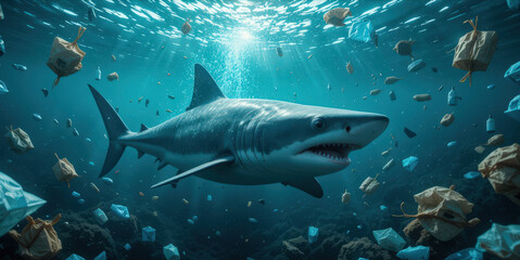 Fototapeta premium Shark encounter underwater ocean depths wildlife photography marine environment dramatic viewpoint conservation message