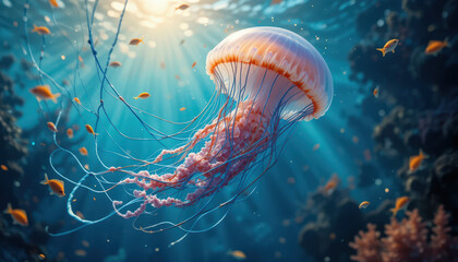 Majestic jellyfish swimming in clear ocean waters underwater scene marine life serene environment close-up view