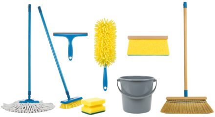A vibrant arrangement of cleaning tools including mops, brushes, and sponges on a white background, ideal for home cleaning concepts