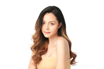 Naklejka premium A beautiful young Asian woman with clean, fresh skin against a white background. Skincare, facial treatment, cosmetology, beauty, and spa. An elegant portrait of an Asian woman.