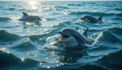 Dolphins playing in ocean waves coastal waters wildlife photography serene environment dynamic viewpoint marine life