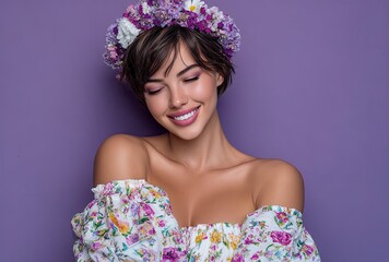 Portrait of a beautiful young woman winking and blowing a kiss, wearing a floral wreath on her head