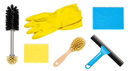 A vibrant collection of cleaning tools including sponges, brushes, and gloves, set against a white background for effective cleaning