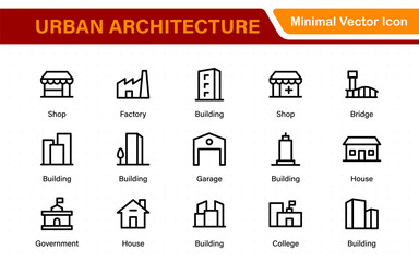 Urban Architecture Icons – Solid building set featuring house, office, bank, school, hotel, shop, university & hospital. Clean, scalable vector designs.