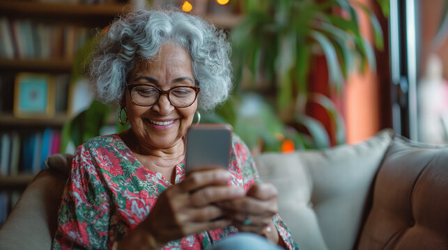 Smiling senior woman using smartphone, cozy home setting, warm lighting, relaxed mood, floral blouse.
