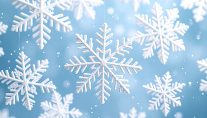 Snowflake's Winter Embrace: A captivating close-up of glistening snowflakes delicately suspended against a soft, icy-blue background, evoking the serene beauty of winter. 