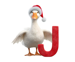 Funny White Duck Wearing Santa Hat with Red Christmas Letter J