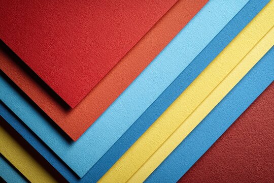 stack of vibrant paper sheets arranged in geometric shapes with angled lines for an abstract backdrop overhead view