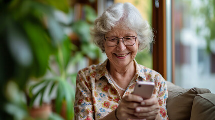 Happy senior woman using smartphone, smiling, floral shirt, natural light, cozy home.