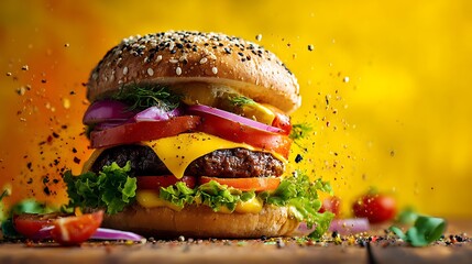 mouthwatering hamburger with colorful fresh ingredients vivid backdrop