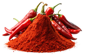 Vibrant red chili powder mound with whole red chili peppers isolated on a transparent background cayenne pepper