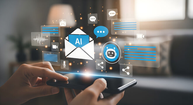 Hands holding a smartphone displaying an overlay of AI-related icons including an email envelope with AI, chat bubbles, a robot chatbot, and various communication symbols