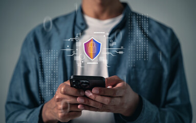 Protect your password and bank details with mobile cybersecurity, the phone displays a digital...
