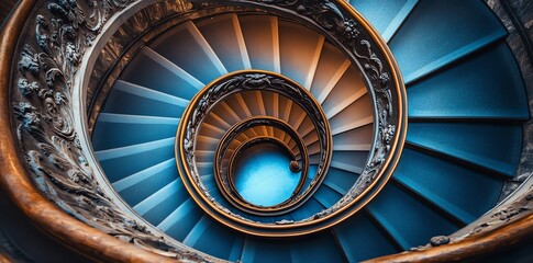 Spiral Staircase with Ornate Railing in Warm Lighting Artistic Perspective