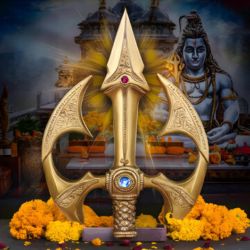 Golden trident trisul with gemstones and floral offerings before Lord Shiva in temple 