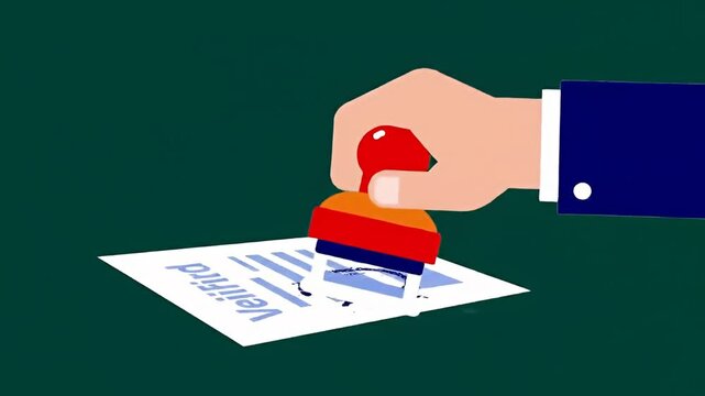 Hand in a suit stamping "Verified" on paper against a dark green backdrop