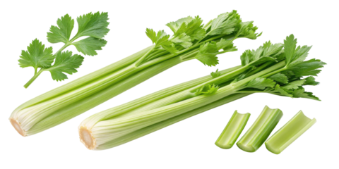 Fresh celery stalks with vibrant green leaves showcase their crisp texture and healthy appeal, perfect for salads and snacks