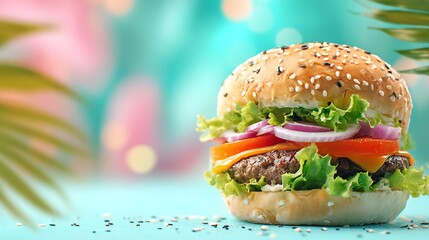 mouthwatering hamburger with fresh lettuce tomato and onion bright pastel background