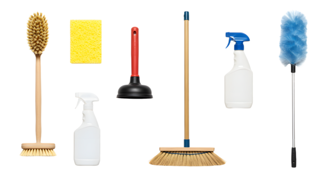 A collection of cleaning tools including brushes, sponges, and spray bottles arranged for a tidy cleaning session