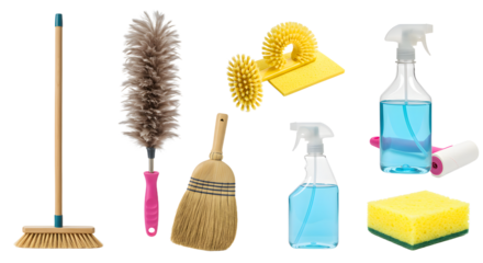 A collection of various cleaning tools including a broom, duster, sponges, and spray bottles arranged for a cleaning session