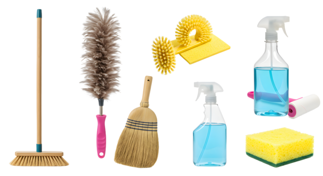 A collection of various cleaning tools including a broom, duster, sponges, and spray bottles arranged for a cleaning session