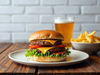 Burger mit Pommes und ein Glas Bier