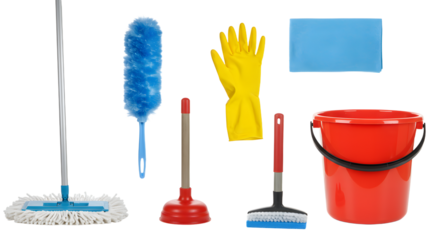 A vibrant collection of cleaning tools including a mop, duster, gloves, and bucket arranged neatly on a white background for home cleaning