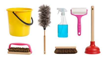 A vibrant collection of cleaning tools including a yellow bucket, duster, spray bottle, roller, and plunger on a white background