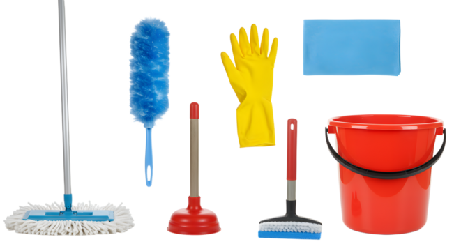 A vibrant collection of cleaning tools including a mop, duster, gloves, and bucket arranged neatly on a white background for home cleaning