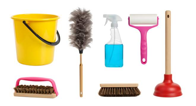 A vibrant collection of cleaning tools including a yellow bucket, duster, spray bottle, roller, and plunger on a white background