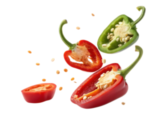Fresh chilli peppers in vibrant red and green colors are sliced open, showcasing their seeds and inner texture, creating lively culinary scene