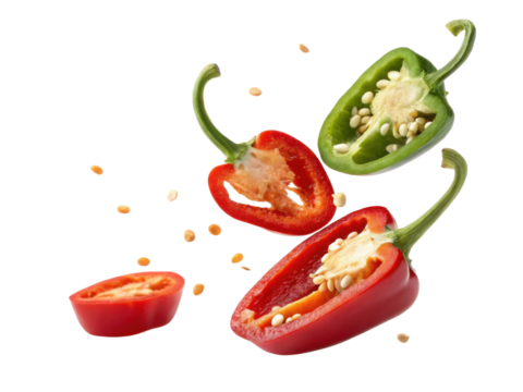 Fresh chilli peppers in vibrant red and green colors are sliced open, showcasing their seeds and inner texture, creating lively culinary scene
