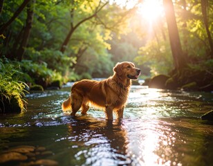 Golden Retriever in a forest stream at sunset