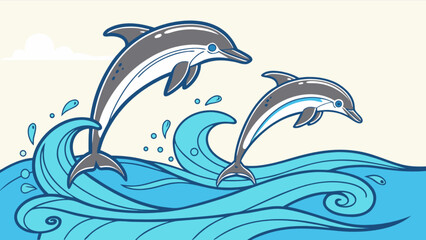 Naklejka premium Dolphin ocean sea life illustration graphic design marine animals jumping waves aquatic mammal vector drawing art
