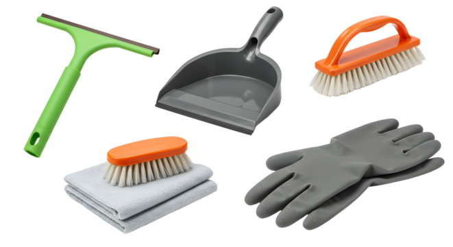 Collection of cleaning tools including a squeegee, dustpan, brushes, gloves, and cloth, ideal for home maintenance tasks