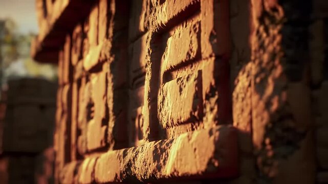 Ancient temple wall with intricate stone relief carvings illuminated by the warm glow of the setting sun.