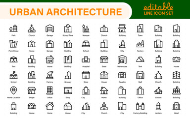 Urban Architecture Icons &ndash; Solid building set featuring house, office, bank, school, hotel, shop, university & hospital. Clean, scalable vector designs.