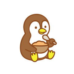 Cute Penguin Eating Cereal from a Bowl