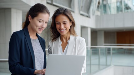 Obraz premium Portrait of two business women looking at laptop and smiling while standing in modern office building, one woman is wearing white blouse with blue jacket and the other has dark hair dressed casually .