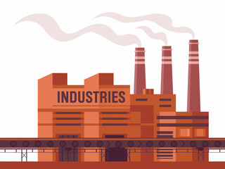 Obraz premium Industrial factory building with smokestacks emitting smoke. Manufacturing plant illustration representing production and pollution concepts.