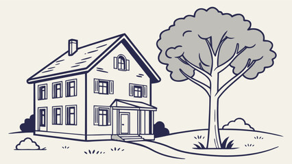 Illustration of a house drawing with tree and landscape outdoor scene for real estate and home design projects