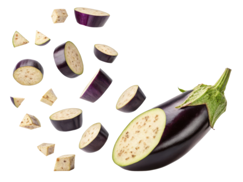 Fresh eggplant slices float in air showcasing their vibrant color and unique texture, perfect for culinary creations