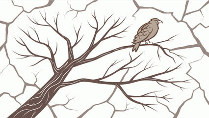 Illustration of bird perched on tree branch against cracked background vector graphic design image