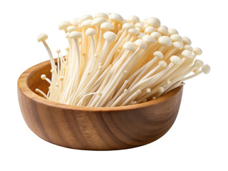 Fresh enoki mushrooms arranged beautifully in wooden bowl create delightful and inviting presentation for any culinary dish